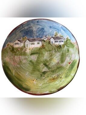 Pottery Barn Hand-Painted Village Scene Plate - Green & Blue
